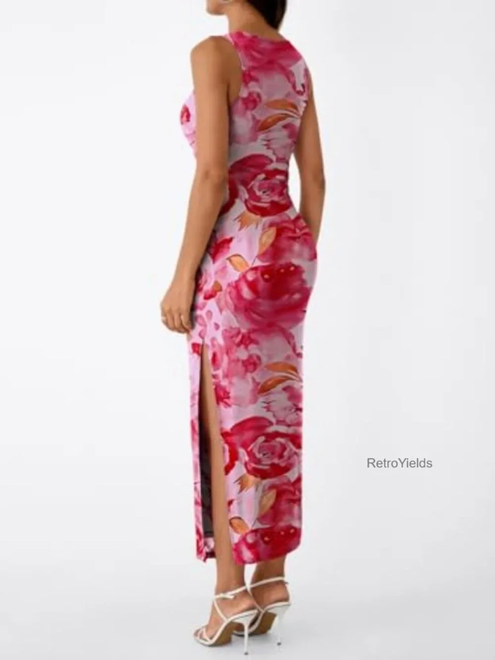 Bodycon Maxi Dress Sleeveless Floral Ruched Side Slit Party Club Fitted
